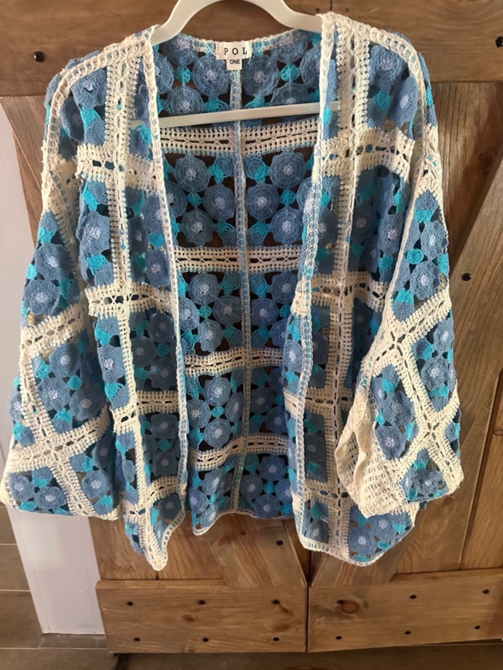 POL Open-Front Crochet Cardigan in Cream, Blue, Turquoise